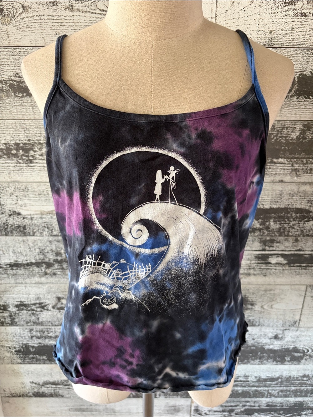 Nightmare Before Christmas Tie-Dye Graphic Tank Top in Black, Purple & Blue